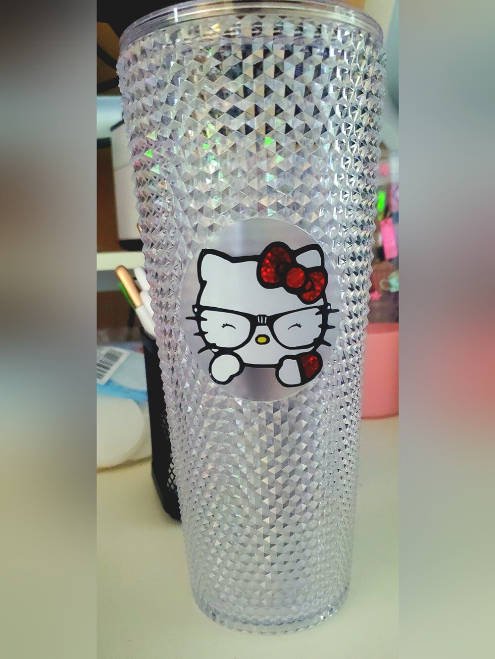Hello Kitty Clear Studded Tumbler with Red Glitter Bow Accent